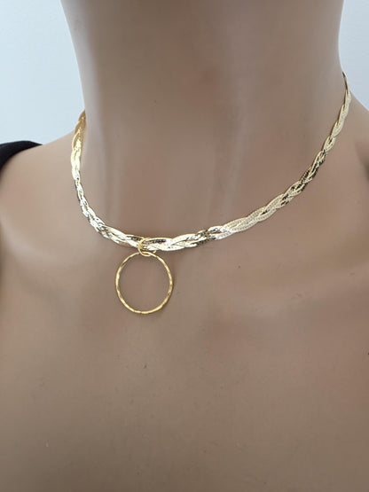 18k Gold Vermeil Over Sterling Silver Elegant Braided Herringbone Day Collar Necklace, Romantic Luxury Fine Jewelry