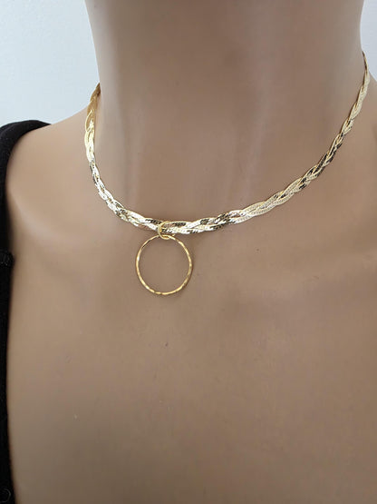 18k Gold Vermeil Over Sterling Silver Elegant Braided Herringbone Day Collar Necklace, Romantic Luxury Fine Jewelry