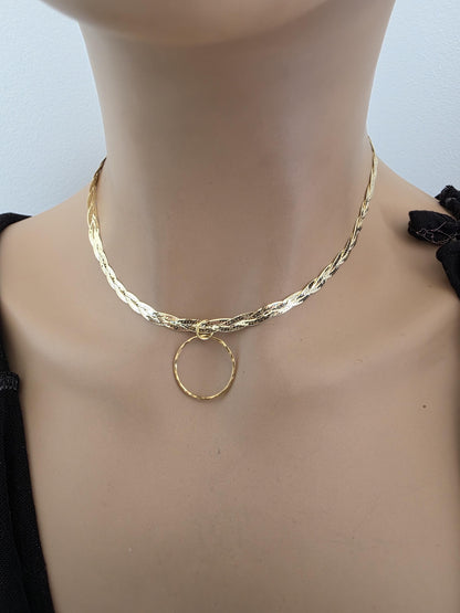 18k Gold Vermeil Over Sterling Silver Elegant Braided Herringbone Day Collar Necklace, Romantic Luxury Fine Jewelry