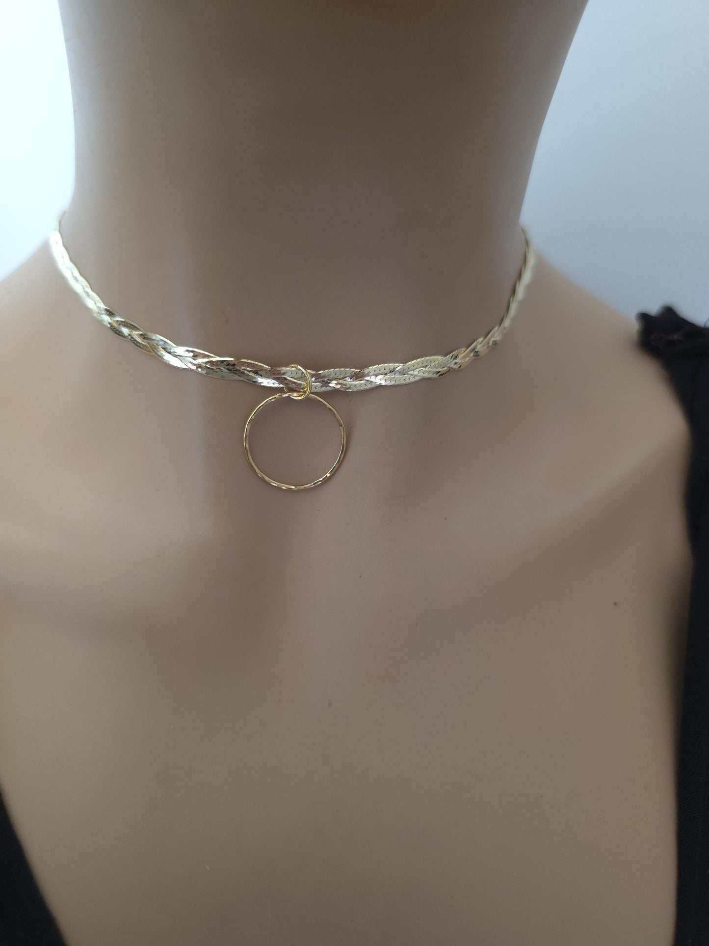 18k Gold Vermeil Over Sterling Silver Elegant Braided Herringbone Day Collar Necklace, Romantic Luxury Fine Jewelry