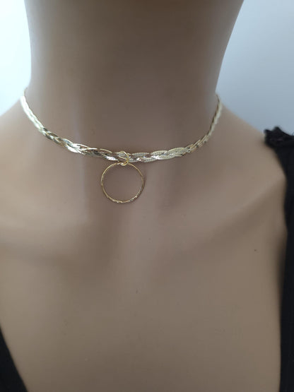 18k Gold Vermeil Over Sterling Silver Elegant Braided Herringbone Day Collar Necklace, Romantic Luxury Fine Jewelry