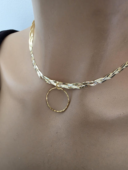 18k Gold Vermeil Over Sterling Silver Elegant Braided Herringbone Day Collar Necklace, Romantic Luxury Fine Jewelry