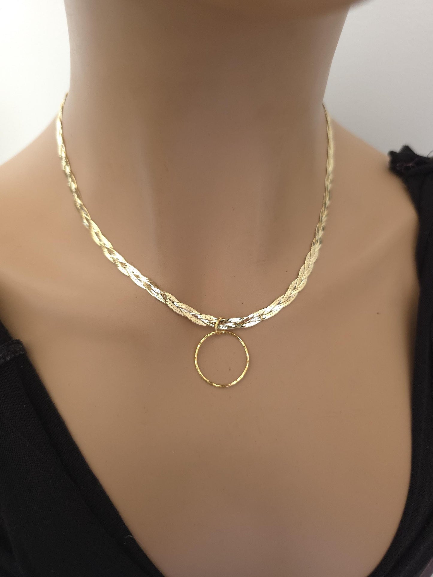 18k Gold Vermeil Over Sterling Silver Elegant Braided Herringbone Day Collar Necklace, Romantic Luxury Fine Jewelry
