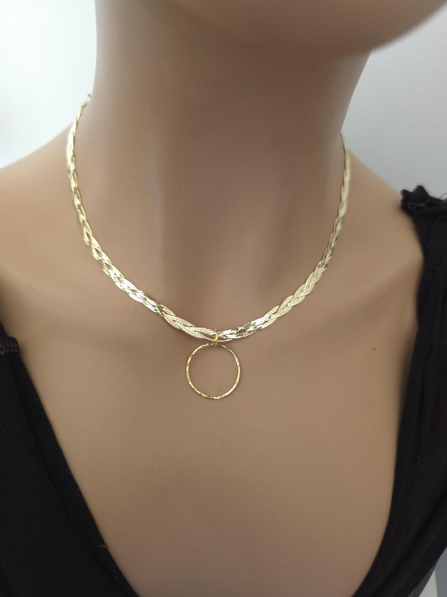 18k Gold Vermeil Over Sterling Silver Elegant Braided Herringbone Day Collar Necklace, Romantic Luxury Fine Jewelry