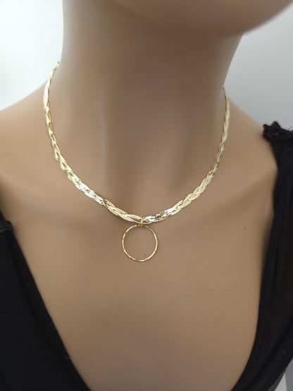 18k Gold Vermeil Over Sterling Silver Elegant Braided Herringbone Day Collar Necklace, Romantic Luxury Fine Jewelry