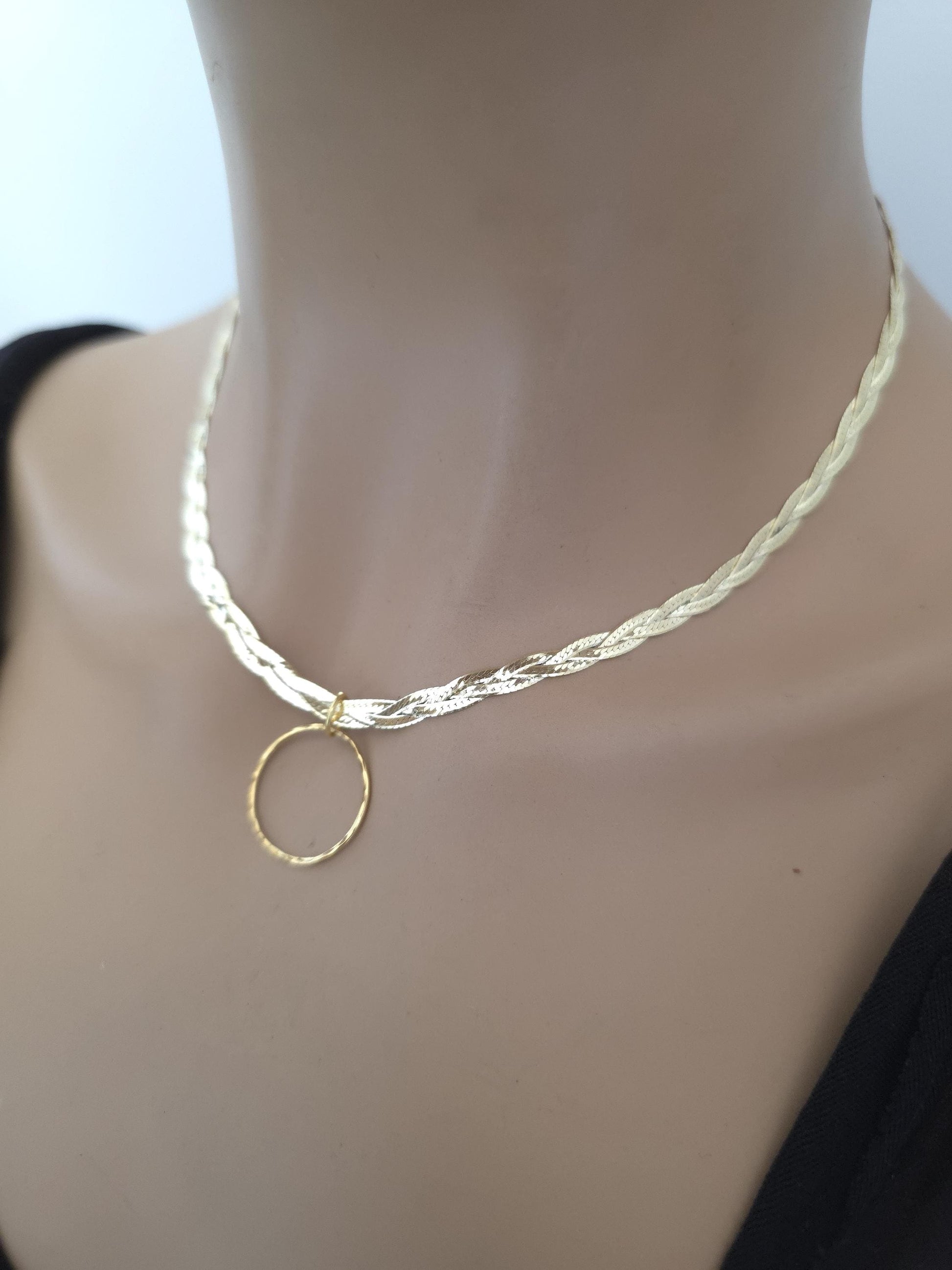 18k Gold Vermeil Over Sterling Silver Elegant Braided Herringbone Day Collar Necklace, Romantic Luxury Fine Jewelry