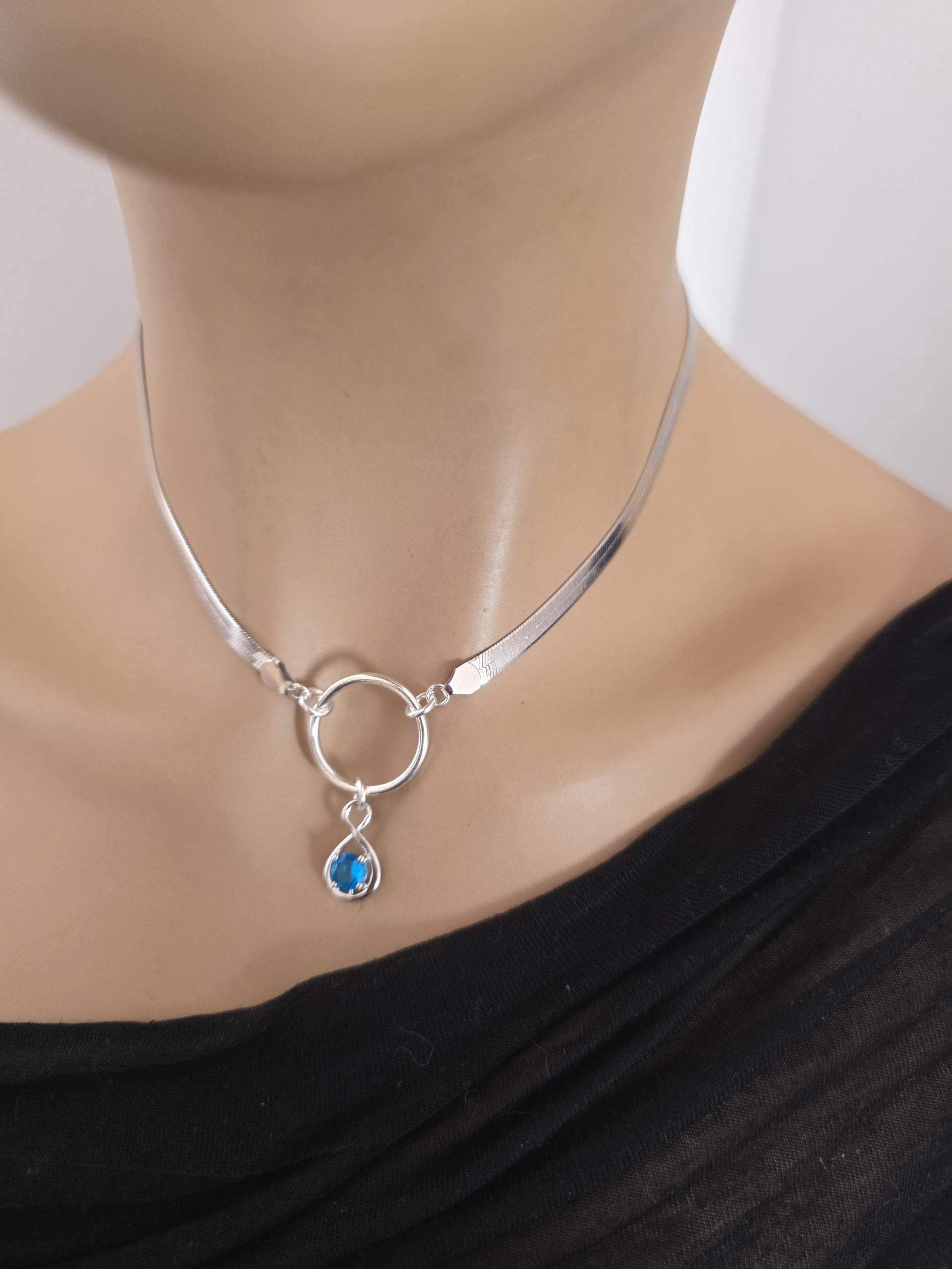 Sterling Silver Day Collar Necklace on 5mm Herringbone Chain with Crystal Pendant - Locking Option - Partner Jewelry