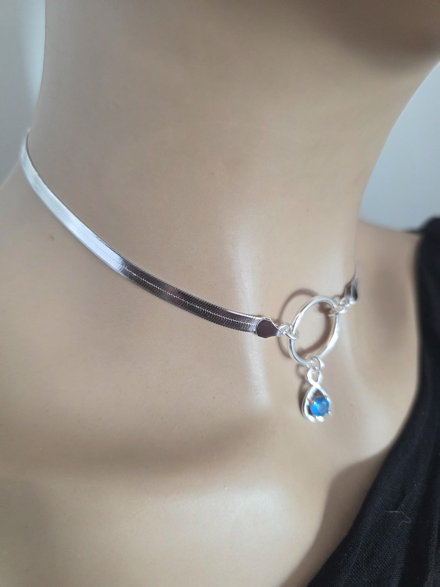 Sterling Silver Day Collar Necklace on 5mm Herringbone Chain with Crystal Pendant - Locking Option - Partner Jewelry