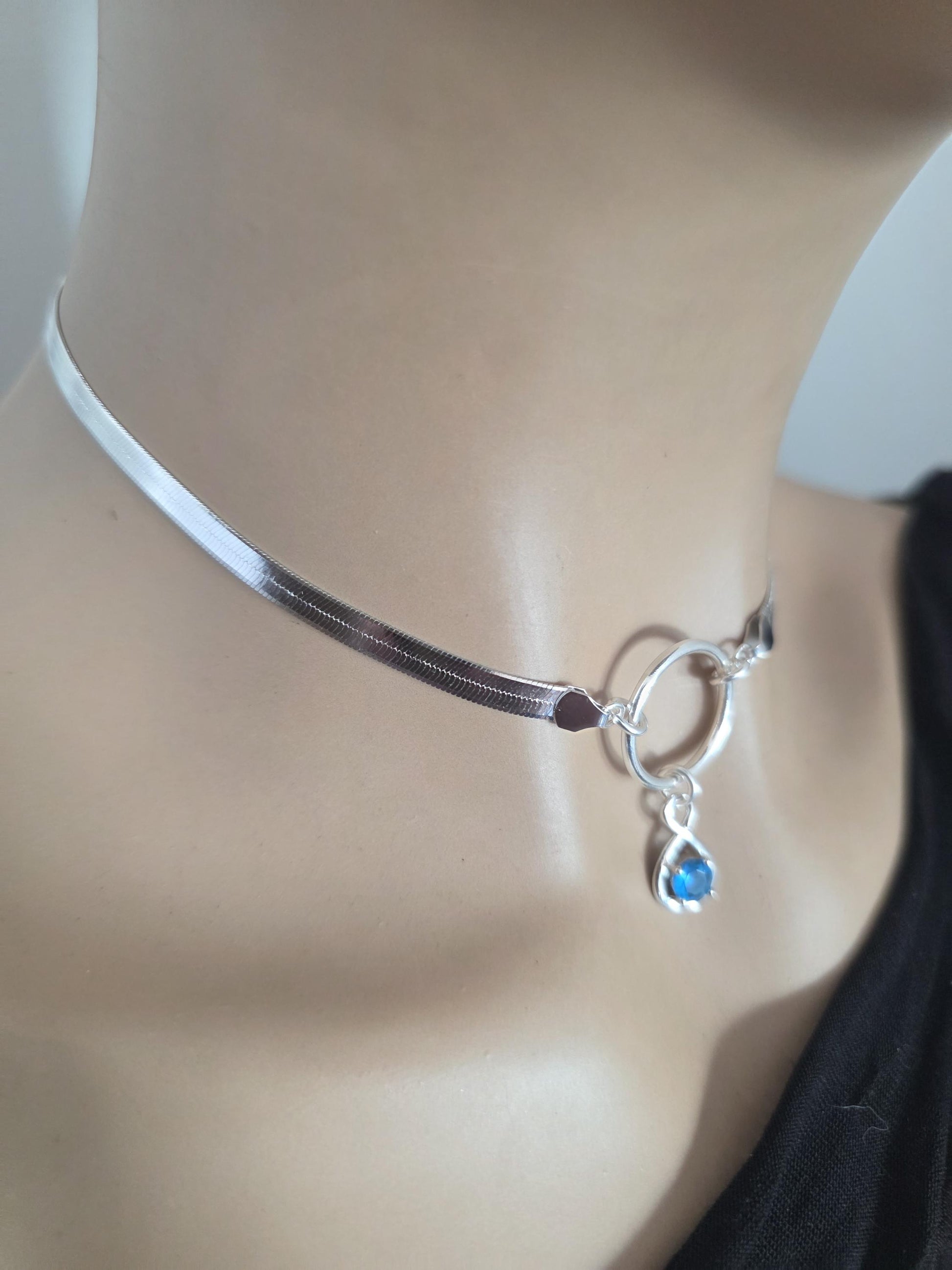 Sterling Silver Day Collar Necklace on 5mm Herringbone Chain with Crystal Pendant - Locking Option - Partner Jewelry