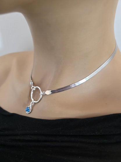 Sterling Silver Day Collar Necklace on 5mm Herringbone Chain with Crystal Pendant - Locking Option - Partner Jewelry