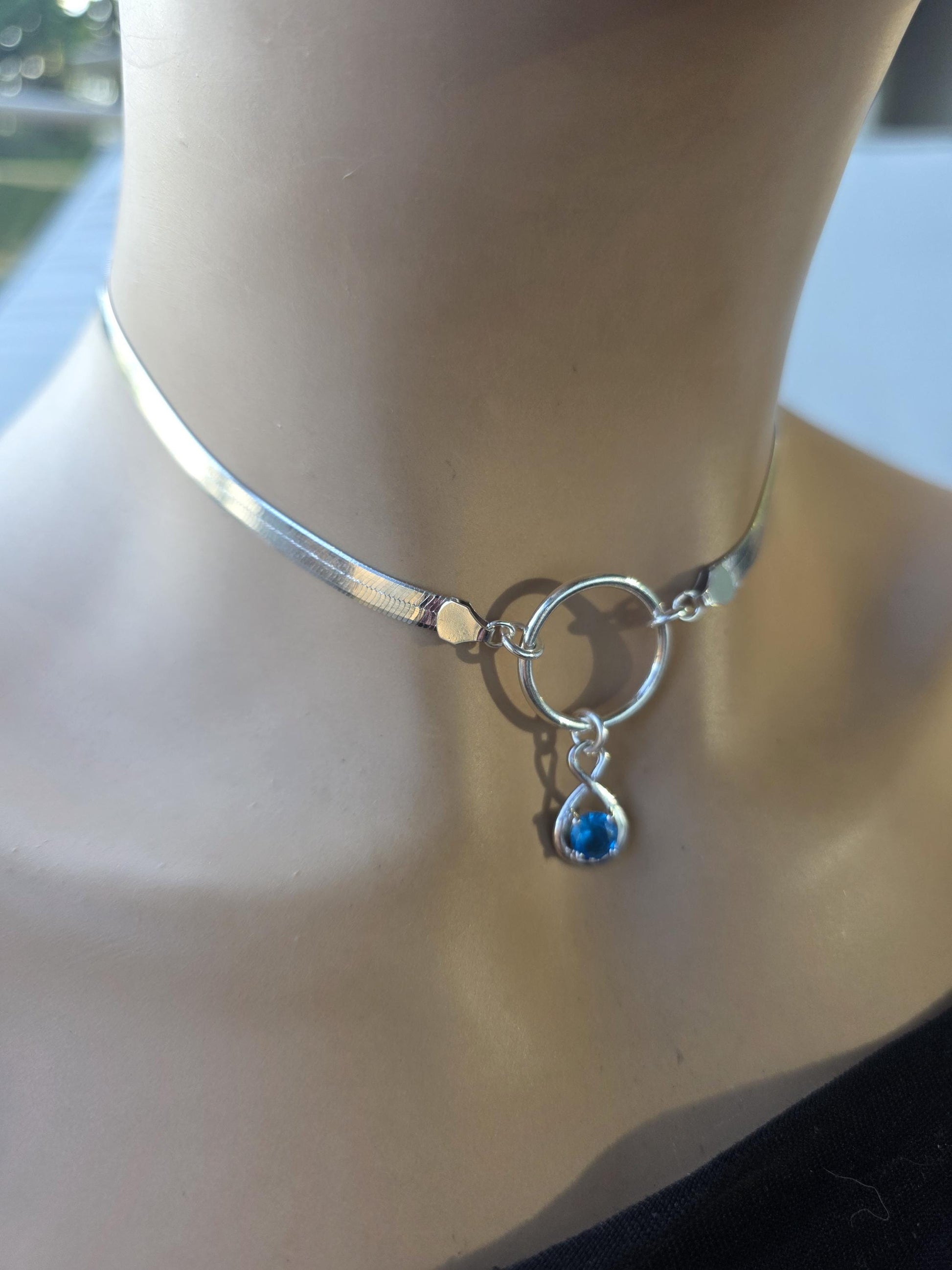 Sterling Silver Day Collar Necklace on 5mm Herringbone Chain with Crystal Pendant - Locking Option - Partner Jewelry