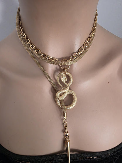 Gold Plated Steel Snake Chain Ouroboros Medusa Wrap Layered Necklace - Unique jewelry handmade in Canada