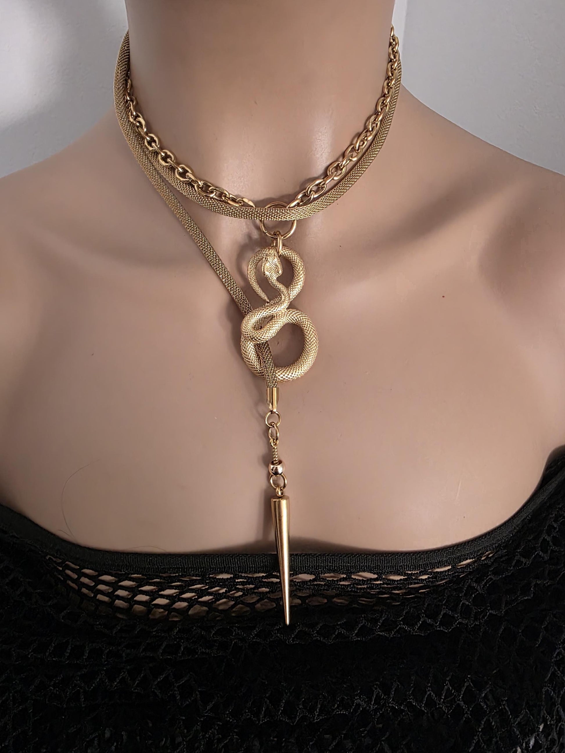 Gold Plated Steel Snake Chain Ouroboros Medusa Wrap Layered Necklace - Unique jewelry handmade in Canada