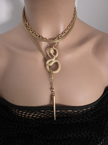 Gold Plated Steel Snake Chain Ouroboros Medusa Wrap Layered Necklace - Unique jewelry handmade in Canada