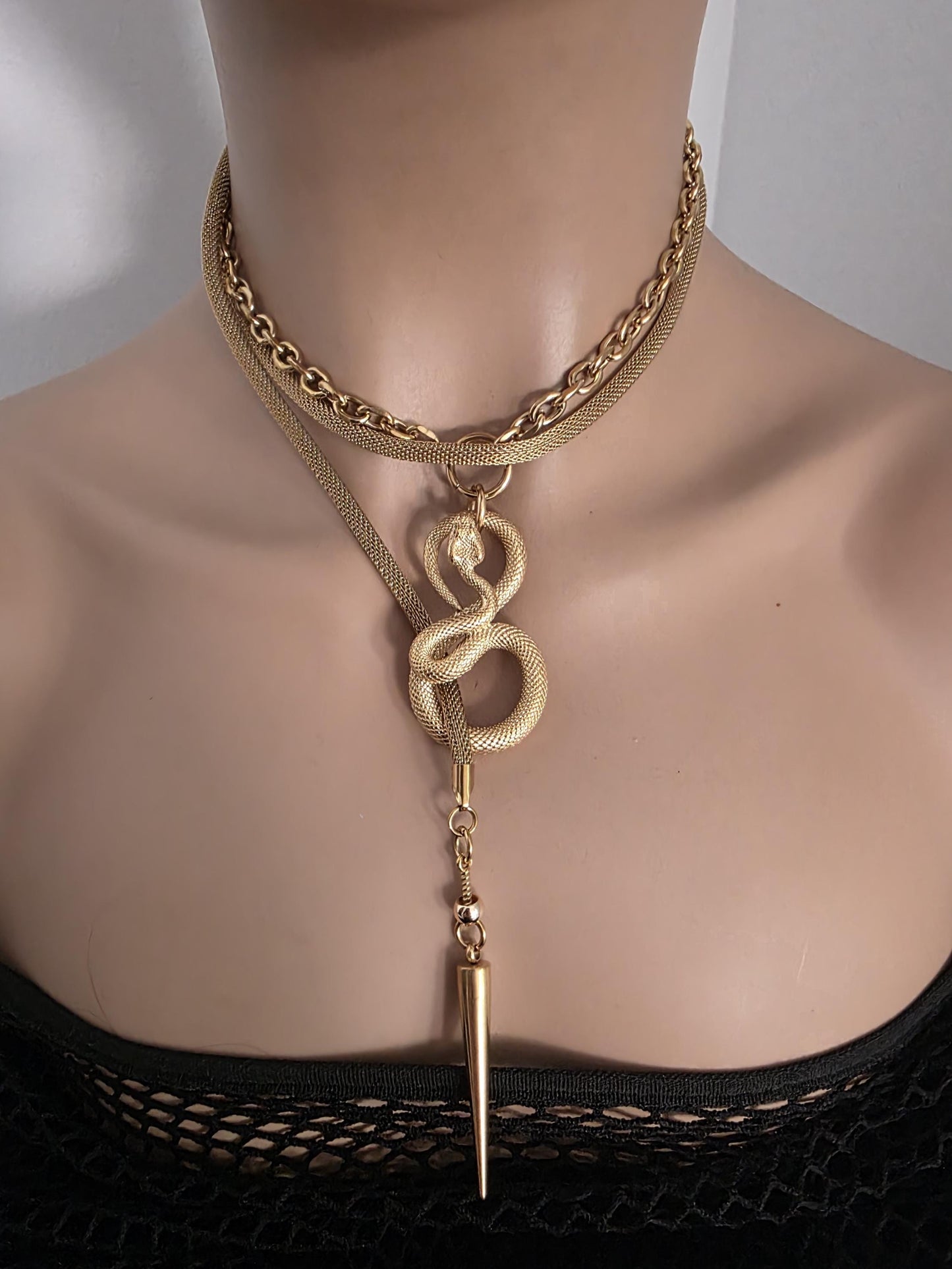 Gold Plated Steel Snake Chain Ouroboros Medusa Wrap Layered Necklace - Unique jewelry handmade in Canada