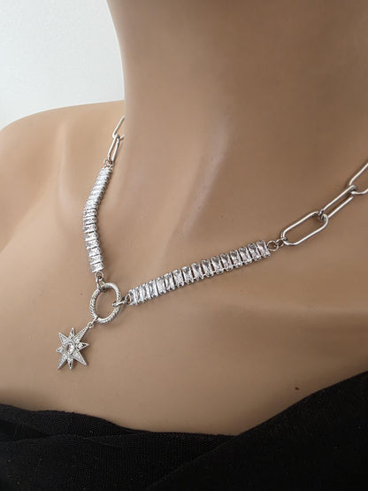 Steel & Cubic Zirconia Baguette Pendant Choker Necklace with Star - Day Collar style, Adjustable
