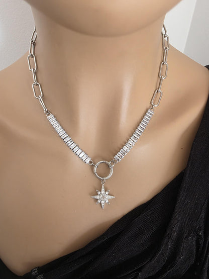 Steel & Cubic Zirconia Baguette Pendant Choker Necklace with Star - Day Collar style, Adjustable