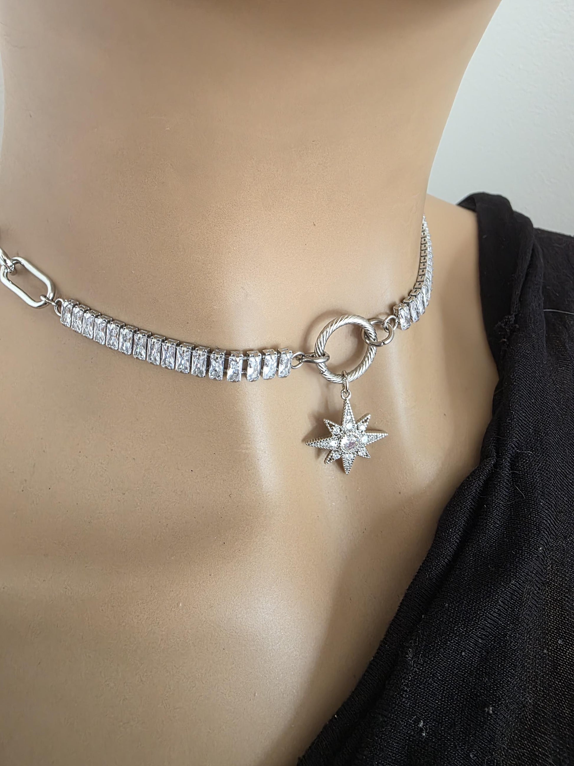 Steel & Cubic Zirconia Baguette Pendant Choker Necklace with Star - Day Collar style, Adjustable