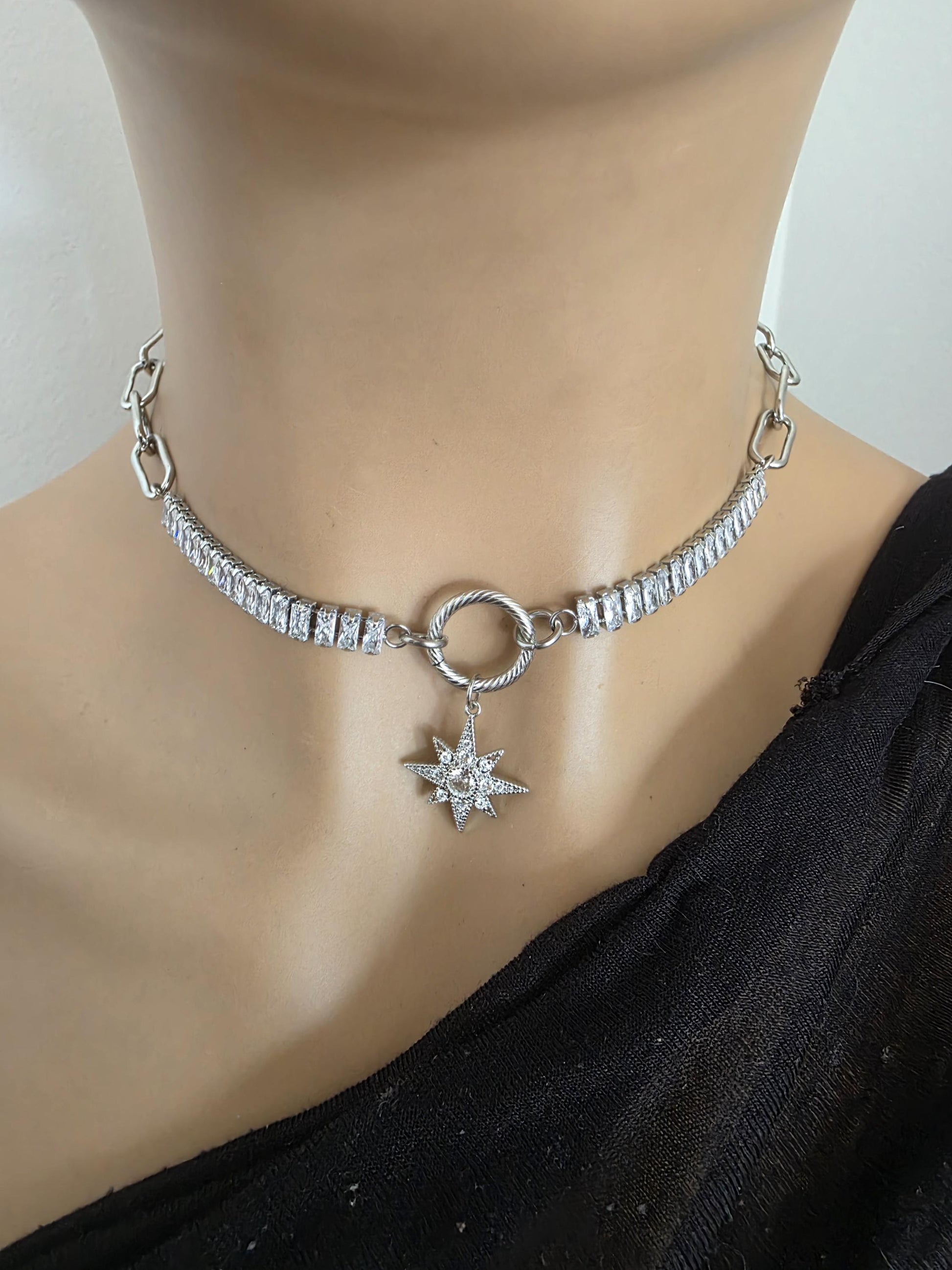 Steel & Cubic Zirconia Baguette Pendant Choker Necklace with Star - Day Collar style, Adjustable