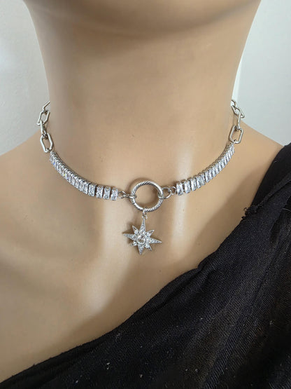 Steel & Cubic Zirconia Baguette Pendant Choker Necklace with Star - Day Collar style, Adjustable