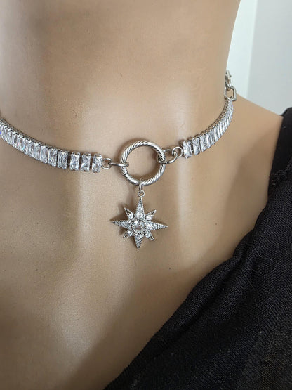 Steel & Cubic Zirconia Baguette Pendant Choker Necklace with Star - Day Collar style, Adjustable
