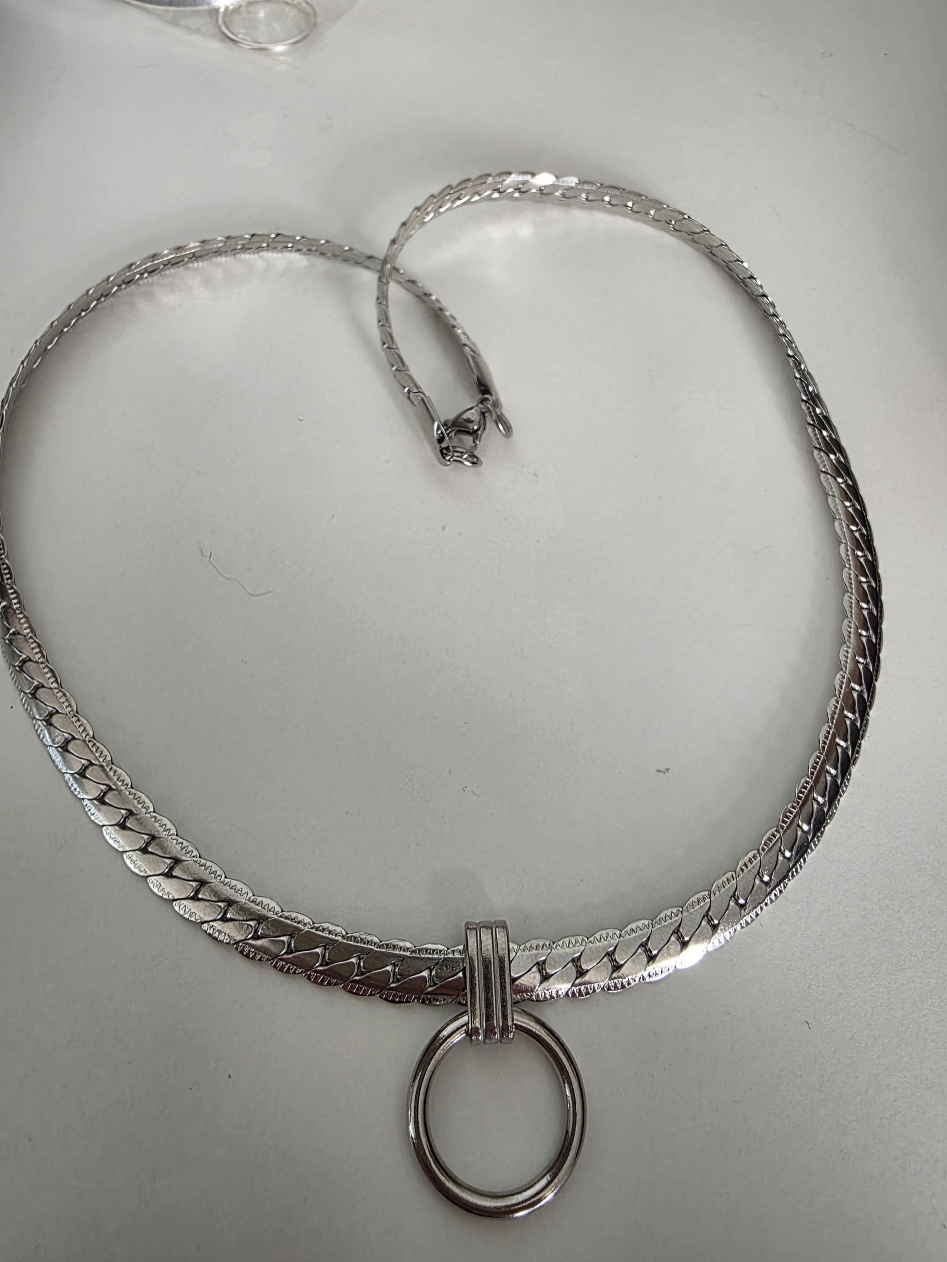 Steel Chunky Collar O-Ring Pendant, Permanent Locking Option - 7mm Herringbone Chain Symbolic Necklace