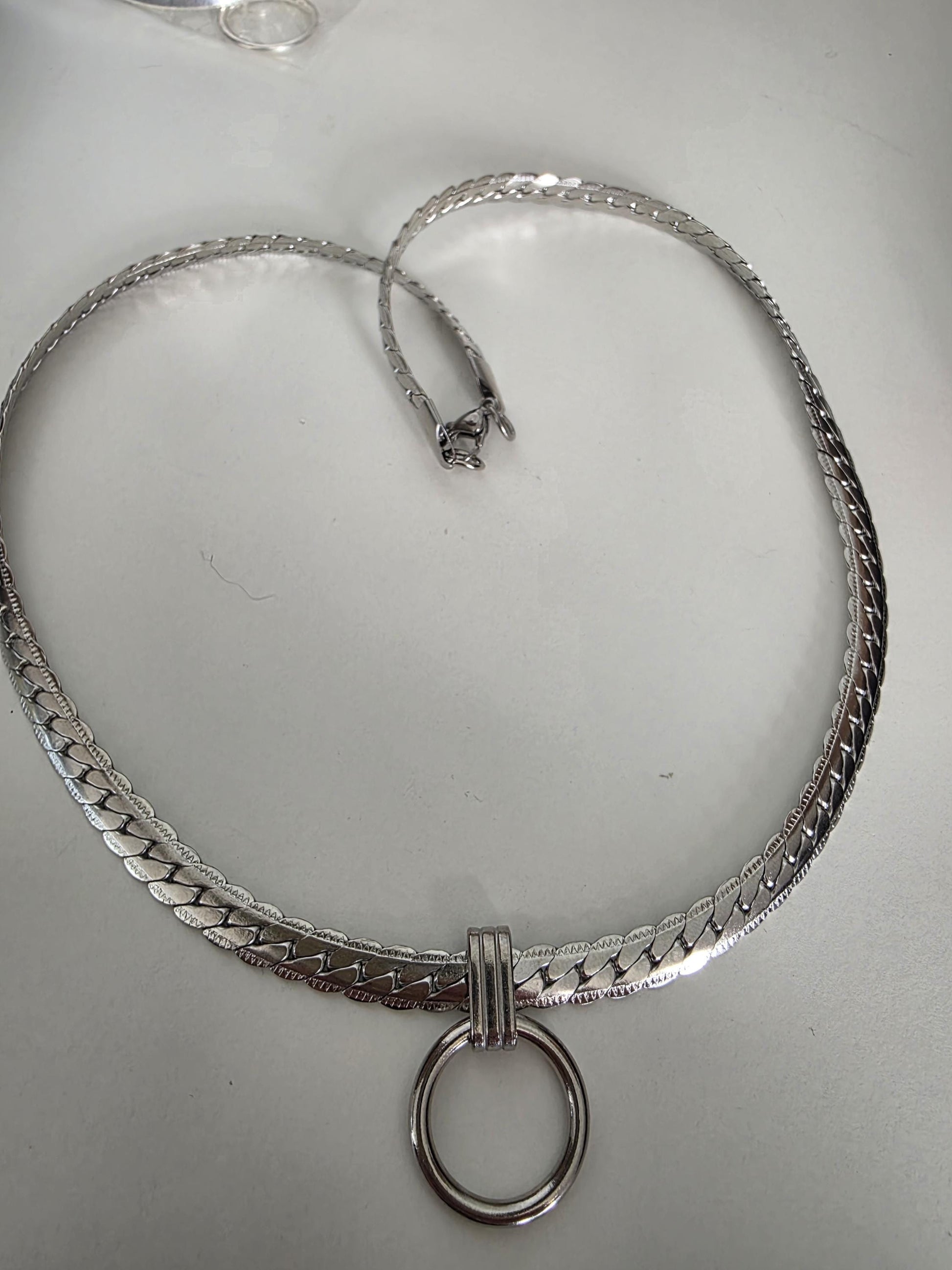 Mens Steel Chunky Collar O-Ring Pendant, Permanent Locking Option - 7mm Herringbone Chain Symbolic Necklace