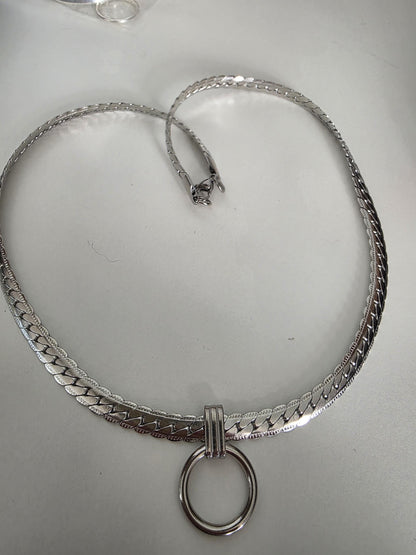 Mens Steel Chunky Collar O-Ring Pendant, Permanent Locking Option - 7mm Herringbone Chain Symbolic Necklace