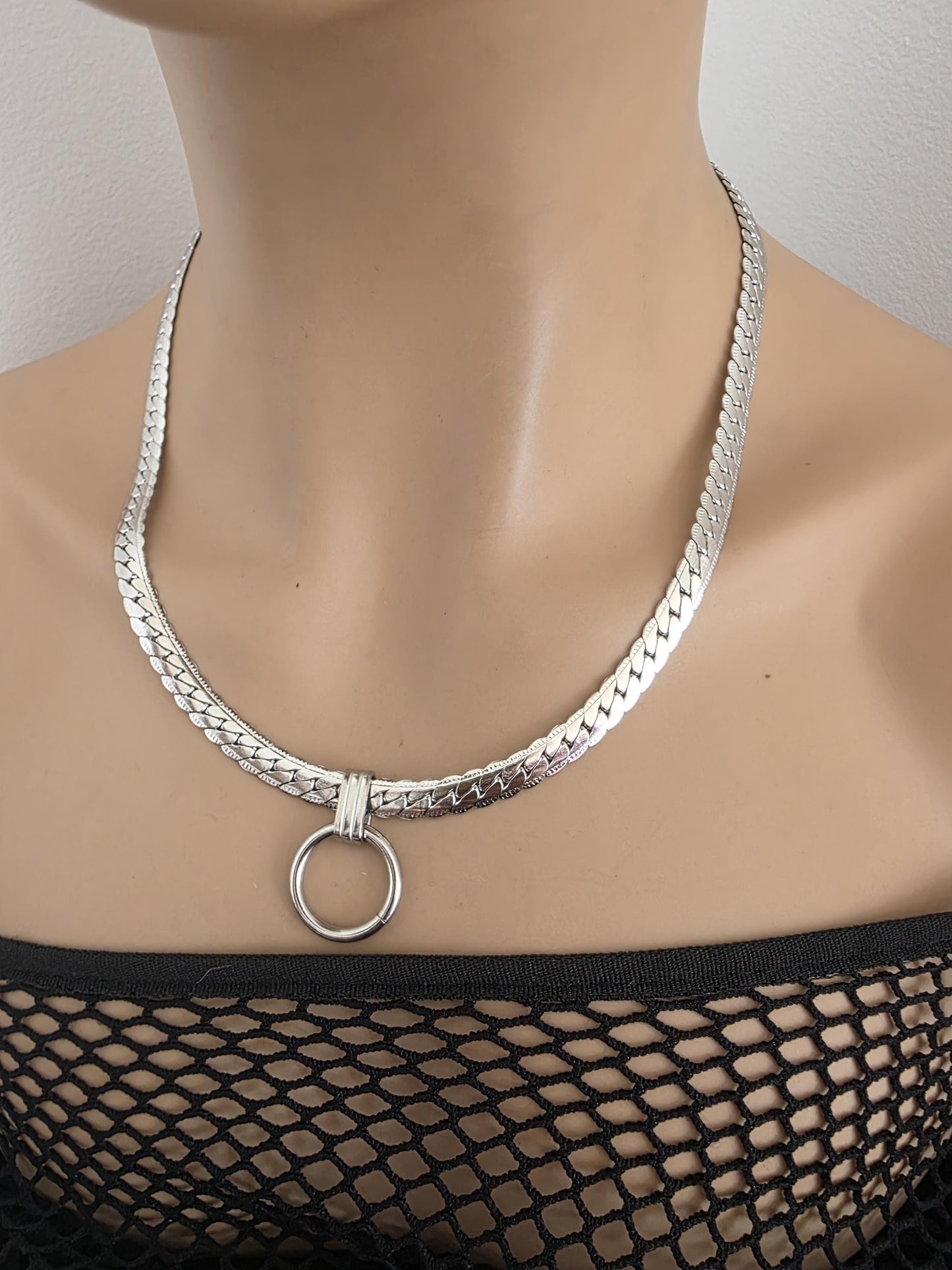 Mens Steel Chunky Collar O-Ring Pendant, Permanent Locking Option - 7mm Herringbone Chain Symbolic Necklace