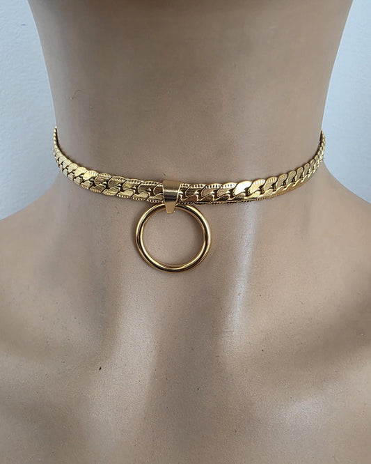Gold Steel Day Collar O-Ring Pendant, Locking Option - 7mm Herringbone Chain Symbolic Necklace