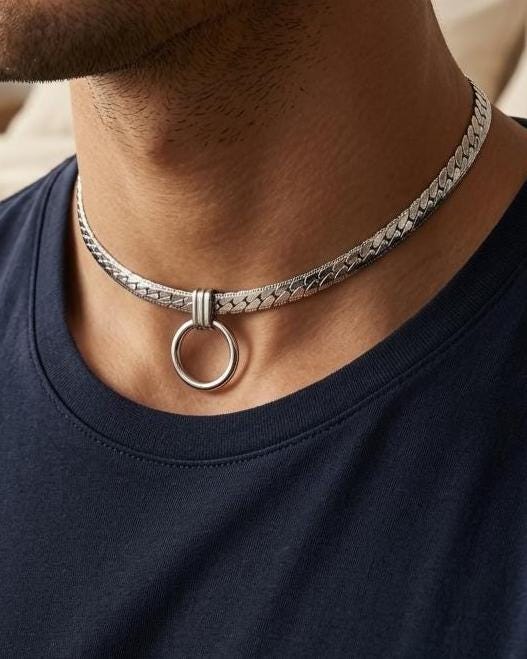 Mens Steel Chunky Collar O-Ring Pendant, Permanent Locking Option - 7mm Herringbone Chain Symbolic Necklace