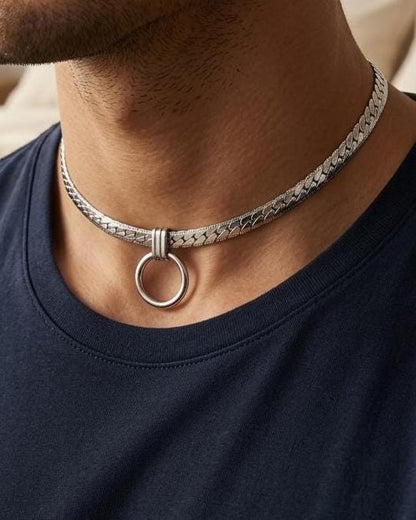 Mens Steel Chunky Collar O-Ring Pendant, Permanent Locking Option - 7mm Herringbone Chain Symbolic Necklace