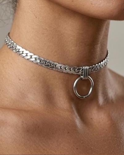 Mens Steel Chunky Collar O-Ring Pendant, Permanent Locking Option - 7mm Herringbone Chain Symbolic Necklace