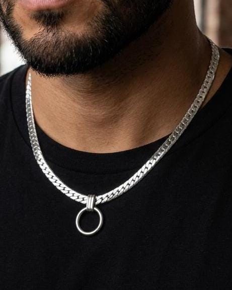 Steel Chunky Collar O-Ring Pendant, Permanent Locking Option - 7mm Herringbone Chain Symbolic Necklace