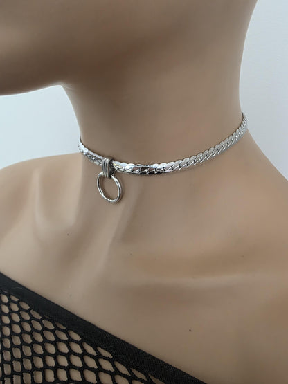Mens Steel Chunky Collar O-Ring Pendant, Permanent Locking Option - 7mm Herringbone Chain Symbolic Necklace