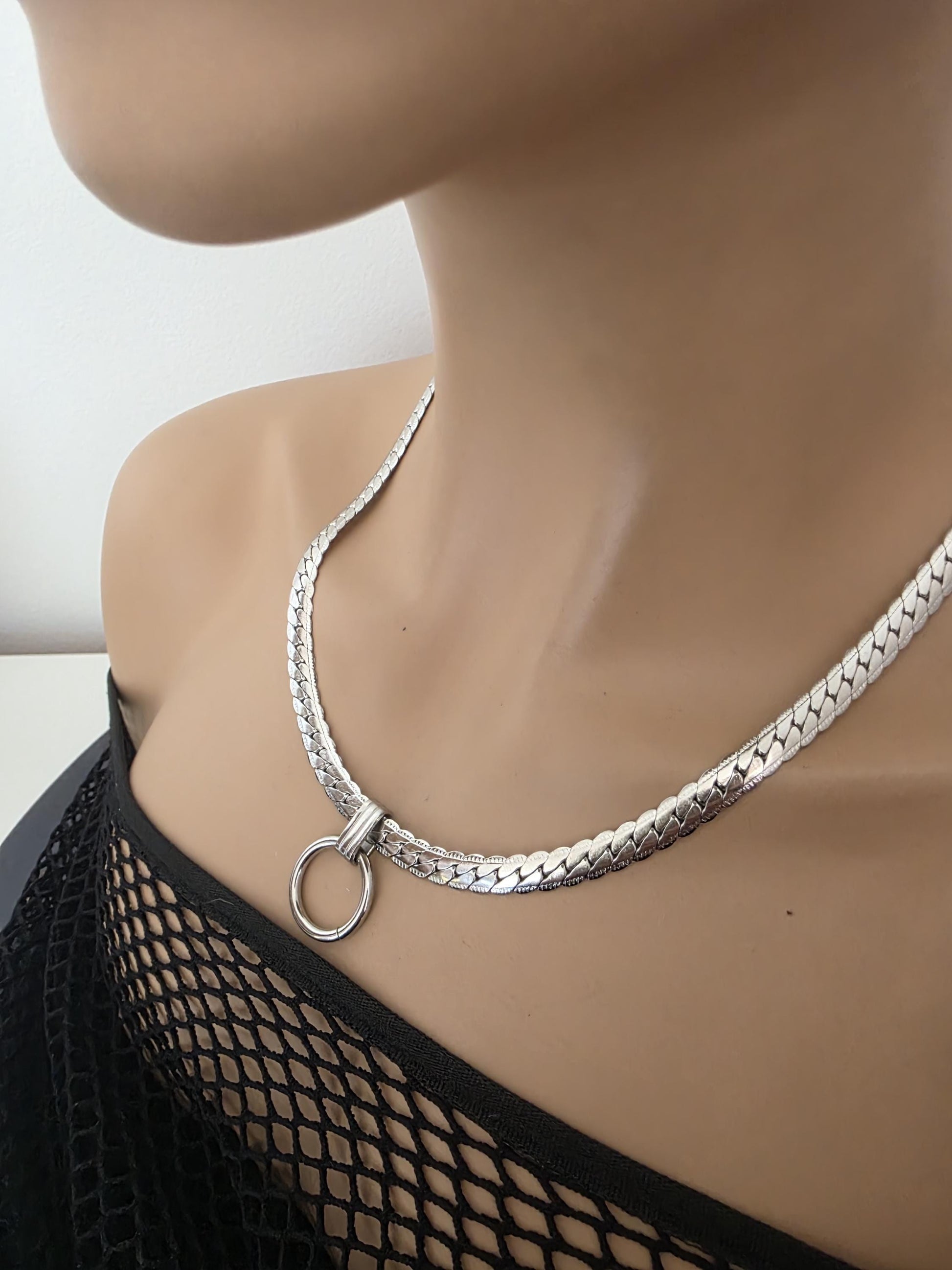 Mens Steel Chunky Collar O-Ring Pendant, Permanent Locking Option - 7mm Herringbone Chain Symbolic Necklace