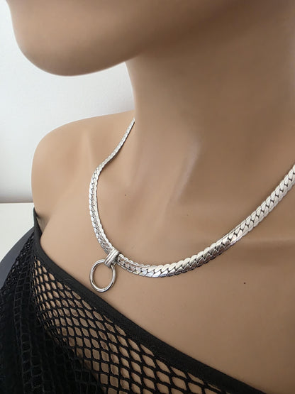 Mens Steel Chunky Collar O-Ring Pendant, Permanent Locking Option - 7mm Herringbone Chain Symbolic Necklace