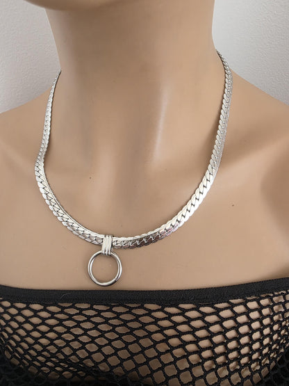 Mens Steel Chunky Collar O-Ring Pendant, Permanent Locking Option - 7mm Herringbone Chain Symbolic Necklace