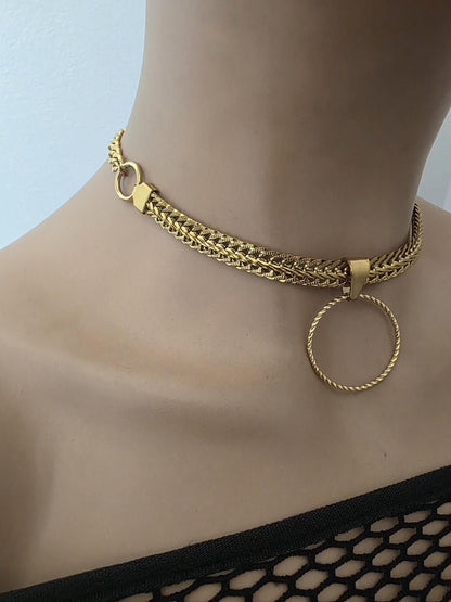 Gold Plated Steel Day Collar Choker Necklace, Bold Style, Permanent Locking Option - Couples Devotion Jewelry