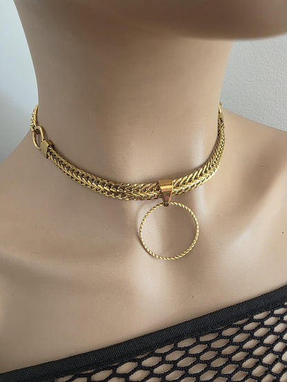 Gold Plated Steel Day Collar Choker Necklace, Bold Style, Permanent Locking Option - Couples Devotion Jewelry