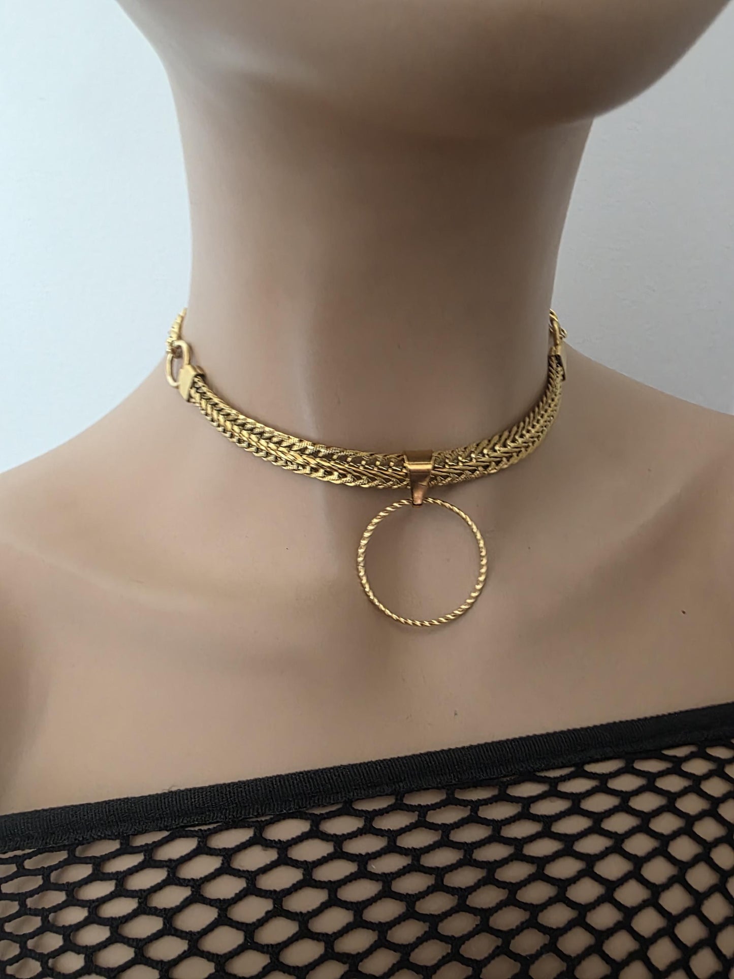 Gold Plated Steel Day Collar Choker Necklace, Bold Style, Permanent Locking Option - Couples Devotion Jewelry