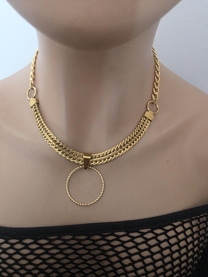 Gold Plated Steel Day Collar Choker Necklace, Bold Style, Permanent Locking Option - Couples Devotion Jewelry