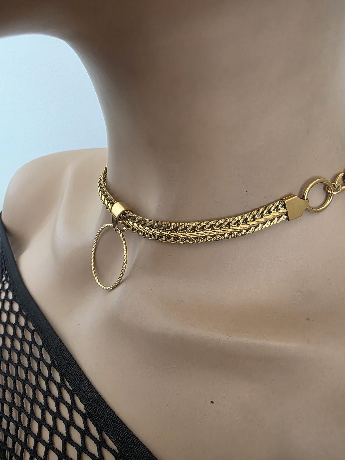Gold Plated Steel Day Collar Choker Necklace, Bold Style, Permanent Locking Option - Couples Devotion Jewelry