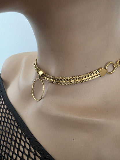 Gold Plated Steel Day Collar Choker Necklace, Bold Style, Permanent Locking Option - Couples Devotion Jewelry