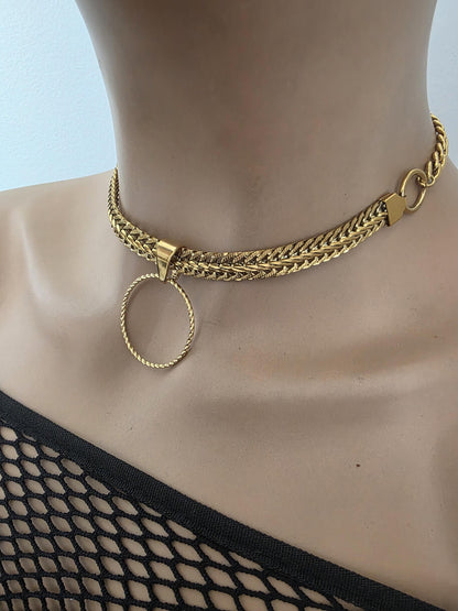 Gold Plated Steel Day Collar Choker Necklace, Bold Style, Permanent Locking Option - Couples Devotion Jewelry