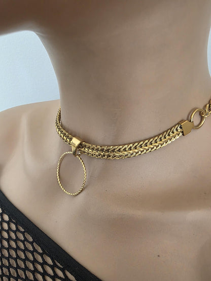 Gold Plated Steel Day Collar Choker Necklace, Bold Style, Permanent Locking Option - Couples Devotion Jewelry