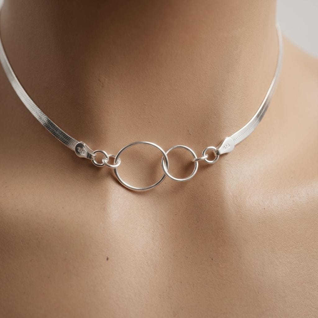 Sterling Silver Eternity Rings Day Collar Choker Necklace on 3mm Herringbone Chain - Committment Jewelry