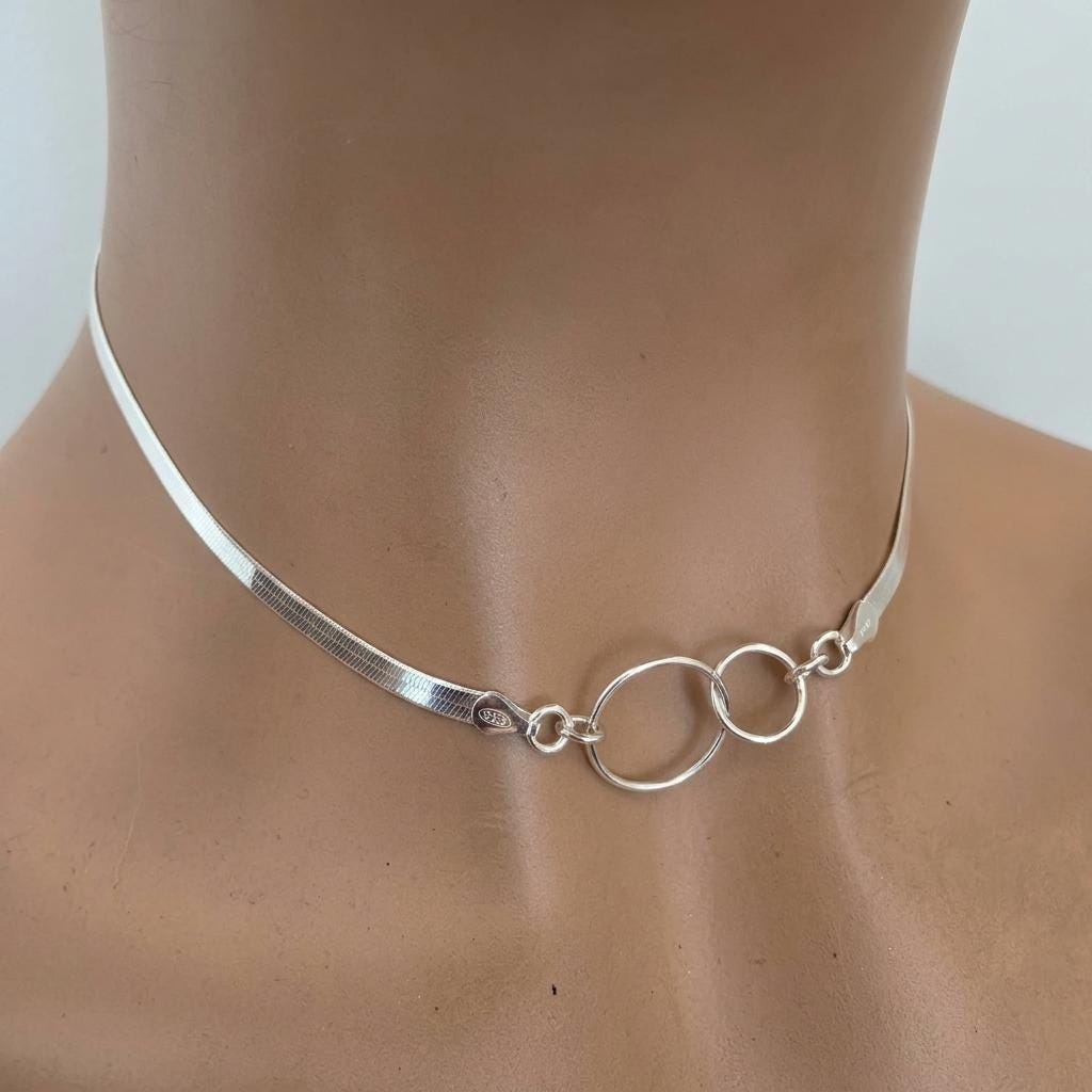 Sterling Silver Eternity Rings Day Collar Choker Necklace on 3mm Herringbone Chain - Committment Jewelry