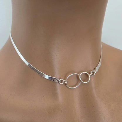 Sterling Silver Eternity Rings Day Collar Choker Necklace on 3mm Herringbone Chain - Committment Jewelry