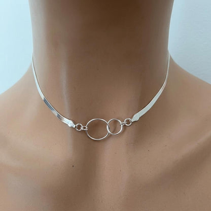 Sterling Silver Eternity Rings Day Collar Choker Necklace on 3mm Herringbone Chain - Committment Jewelry